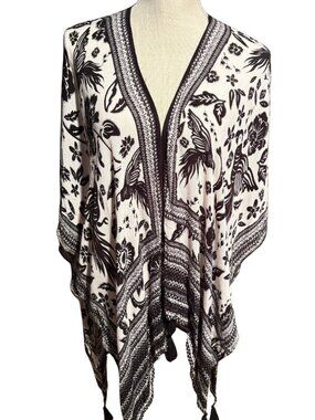 Vince Camuto Boho Kimono Poncho Top OS Black Ivory Floral Bird Tassel Hem Caftan